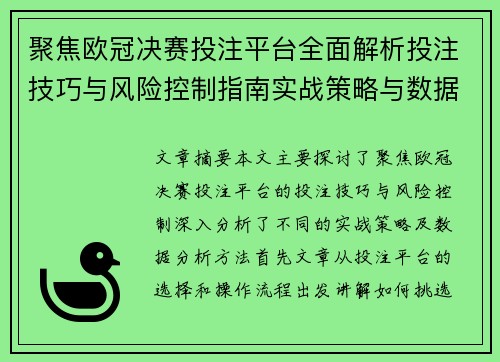 聚焦欧冠决赛投注平台全面解析投注技巧与风险控制指南实战策略与数据分析